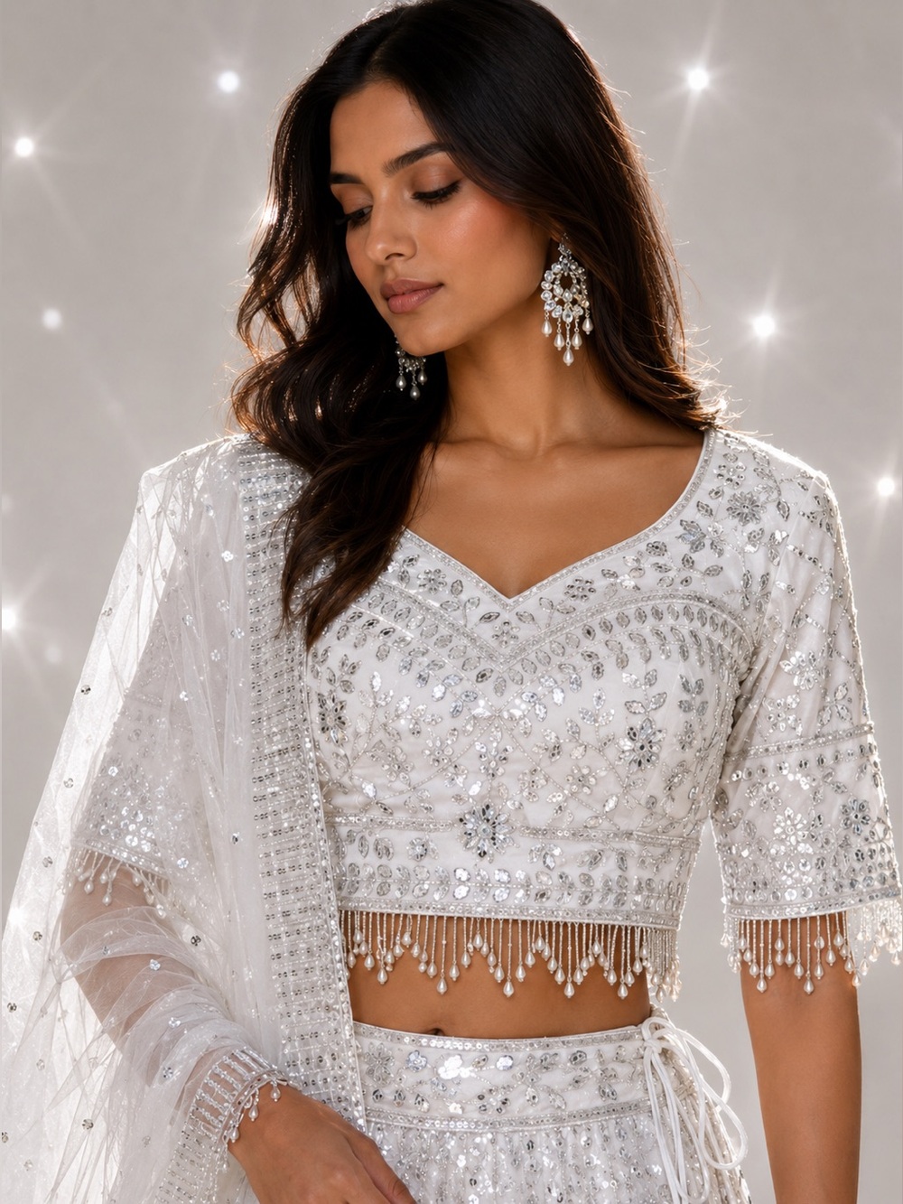 White Silver Embellished Bridal Georgette Net Lehenga Set - Picture 2 of 11